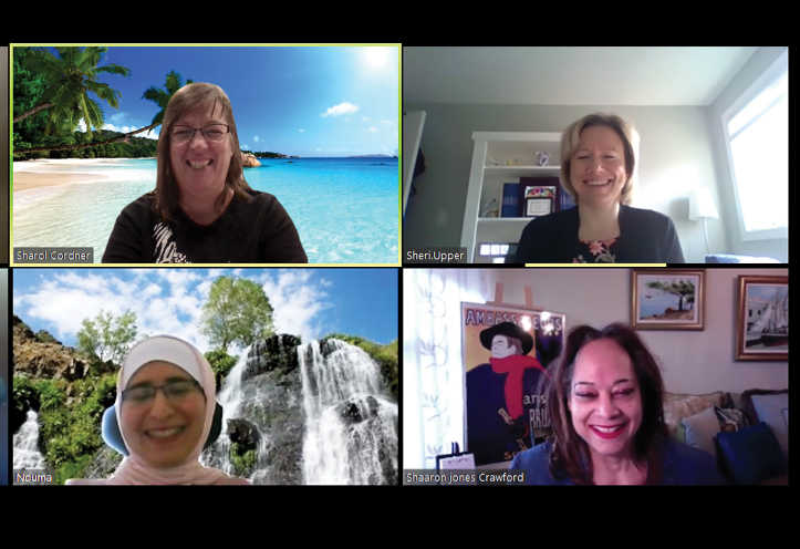 Three women and one man participating in a virtual Zoom meeting